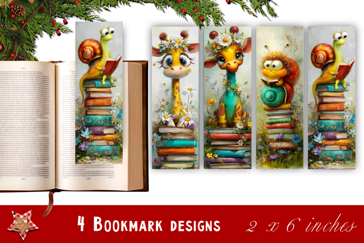 Animal and books bookmark, pile of books, floral Bookmarks