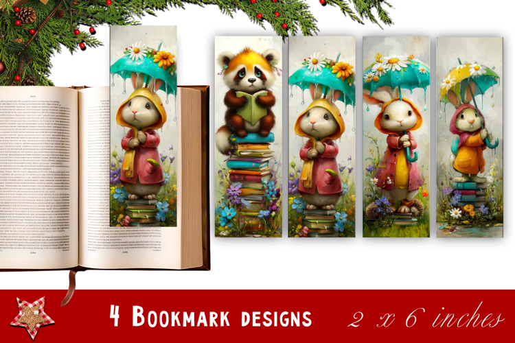 Animal and books bookmark, pile of books, floral Bookmarks