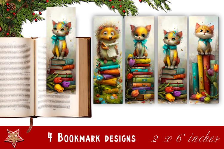 Animal and books bookmark, pile of books, floral Bookmarks