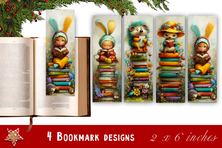 Animal and books bookmark, pile of books, floral Bookmarks
