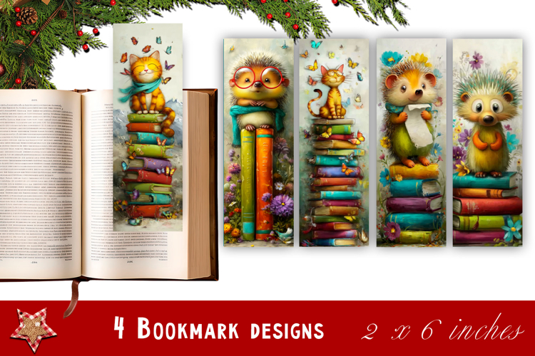 Animal and books bookmark, pile of books, floral Bookmarks