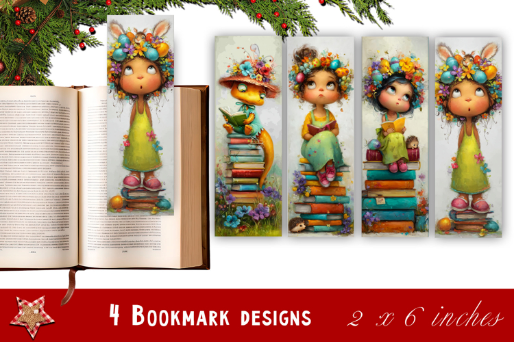 Animal and books bookmark, pile of books, floral Bookmarks