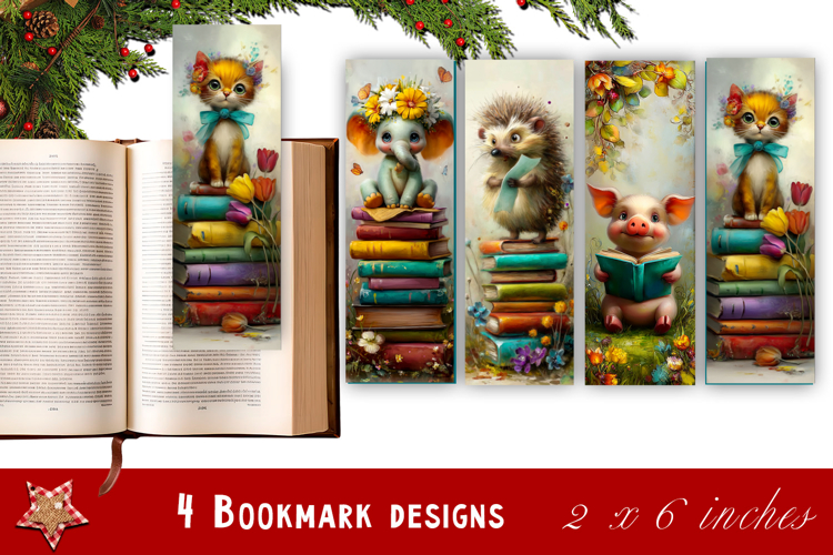 Animal and books bookmark, pile of books, floral Bookmarks