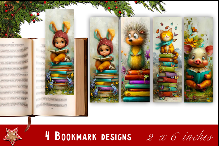 Animal and books bookmark, pile of books, floral Bookmarks