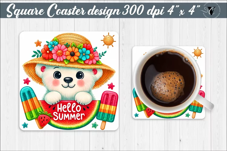 Square Coaster | Summer animals | Glitter coaster