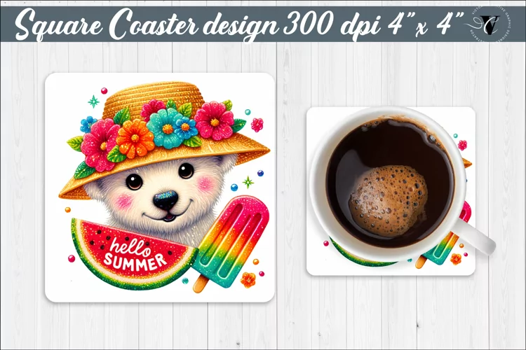Square Coaster | Summer animals | Glitter coaster