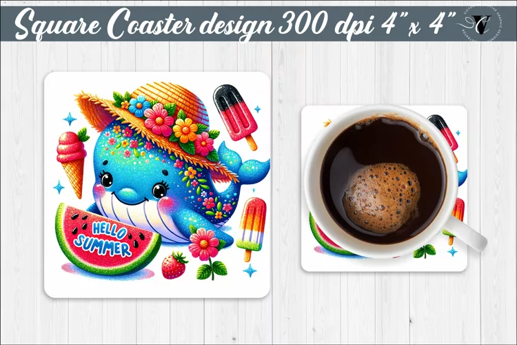 Square Coaster | Summer animals | Glitter coaster