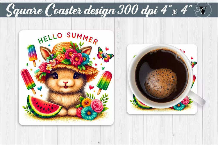 Square Coaster | Summer animals | Glitter coaster