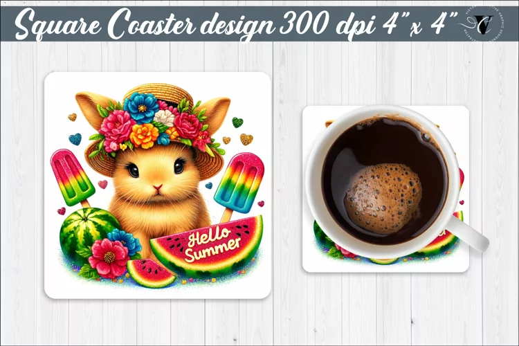 Square Coaster | Summer animals | Glitter coaster