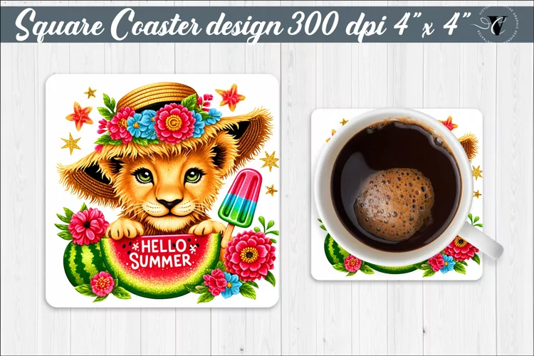 Square Coaster | Summer animals | Glitter coaster
