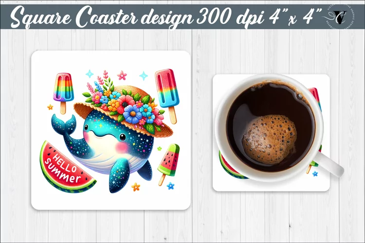Square Coaster | Summer animals | Glitter coaster