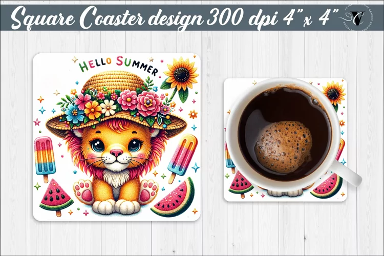 Square Coaster | Summer animals | Glitter coaster