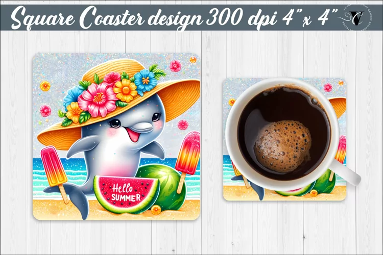 Square Coaster | Summer animals | Glitter coaster