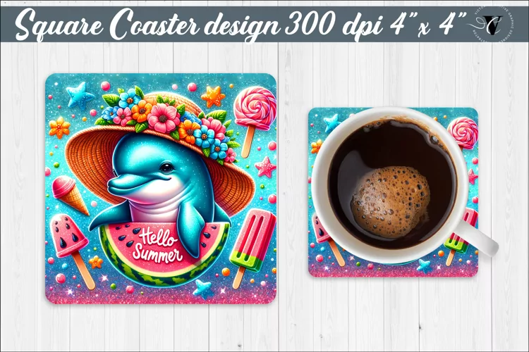 Square Coaster | Summer animals | Glitter coaster