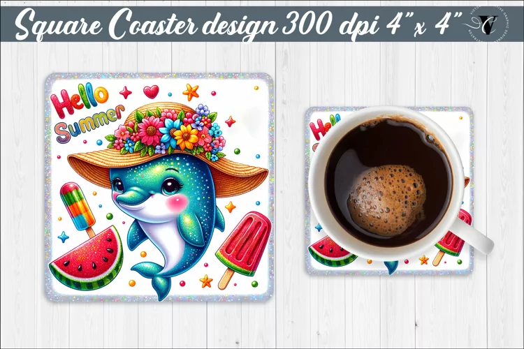 Square Coaster | Summer animals | Glitter coaster