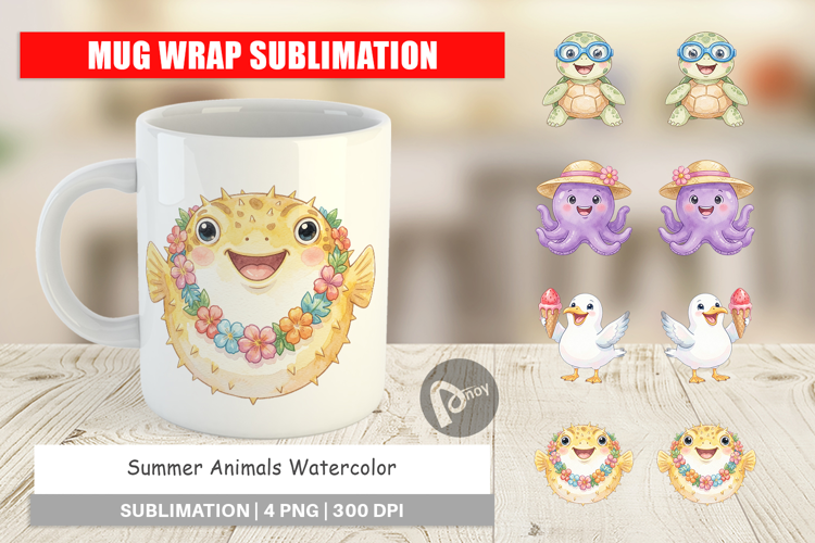 Summer Animals Watercolor Mug Wrap