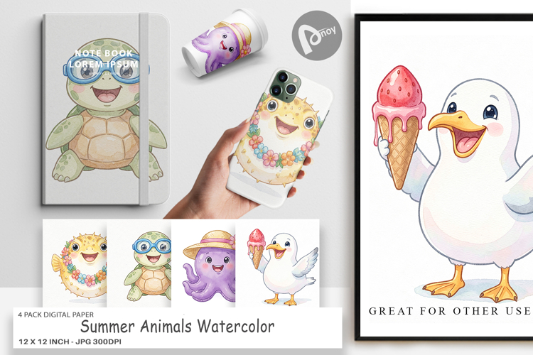 Summer Animals Watercolor Digital Paper