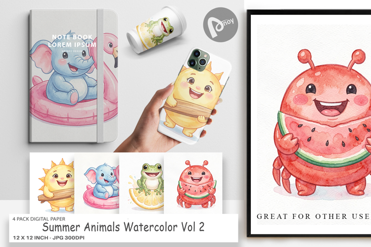 Summer Animals Watercolor Digital Paper