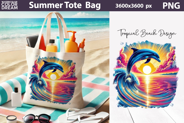 Tropical Dolphin Sunset Tote Bag Sublimation | Summer Ocean
