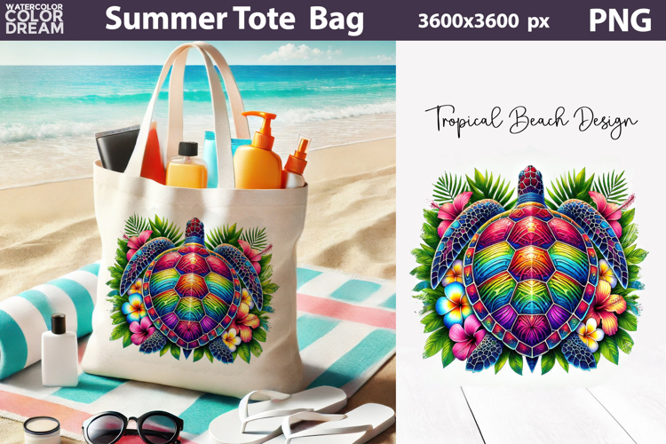 Rainbow Tropical Turtle Tote Bag Sublimation | Summer Beach