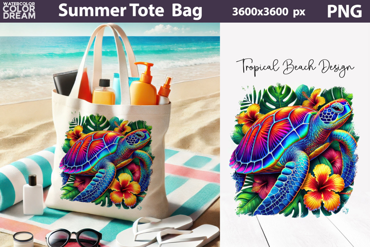 Neon Tropical Sea Turtle Tote Bag Sublimation | Summer Beach