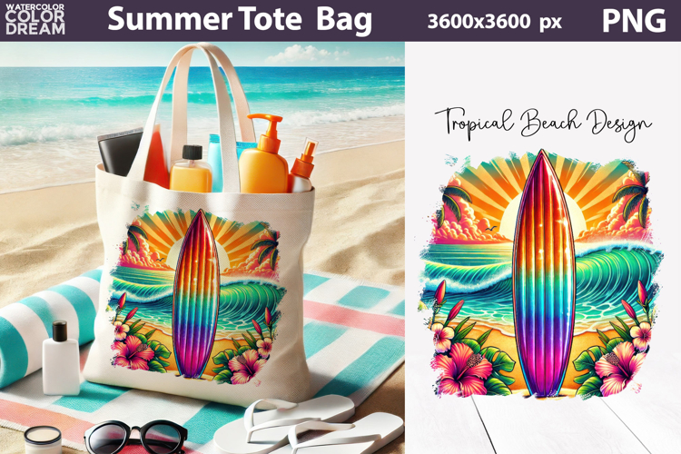 Rainbow Surfboard Sunset Tote Bag Sublimation | Tropical