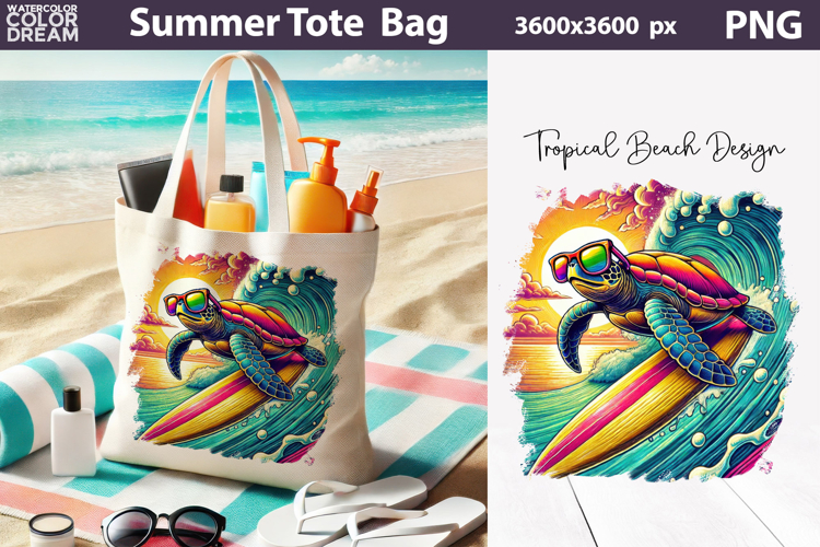 Surfing Sea Turtle Tote Bag Sublimation | Tropical Sunset