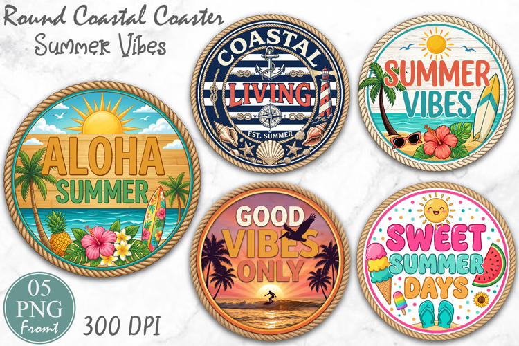 Summer Beach Coaster Design, Round Coastal Coaster PNG