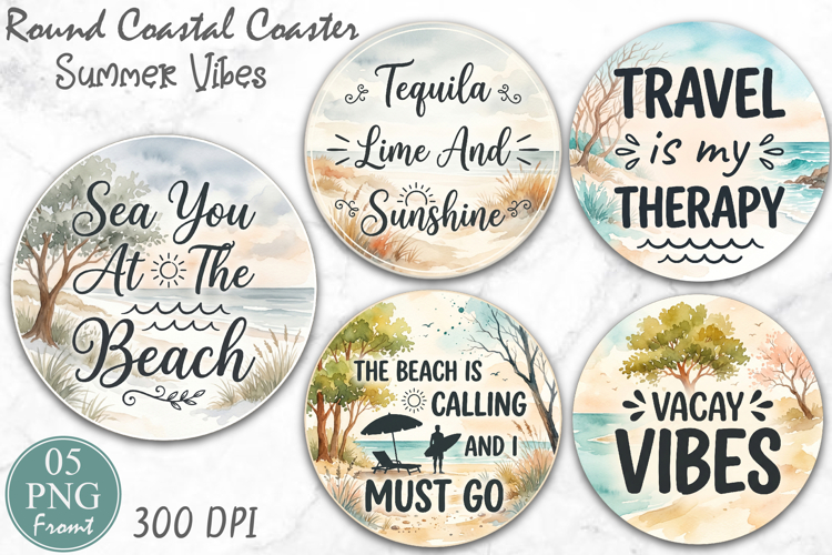 Summer Beach Coaster Sublimation Design, Retro Coaster PNG