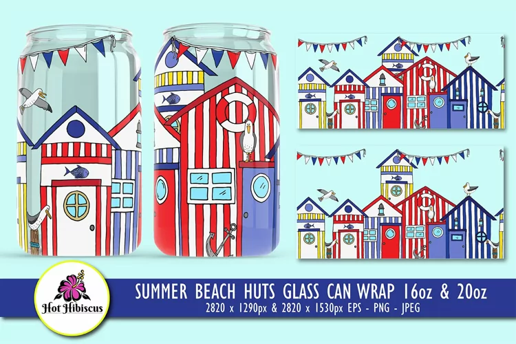 Summer Beach Huts 16oz and 20oz Glass Can Wrap Sublimation