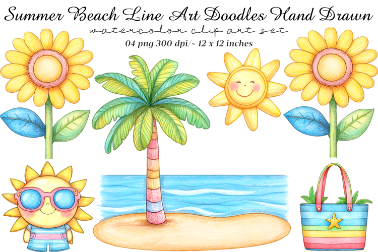 Summer Beach Line Art Doodles Hand Drawn