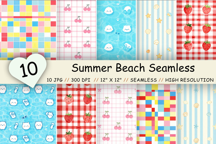Summer Beach Seamless Pattern Bundle, Watercolor Digital