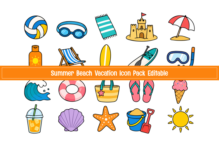 Summer Beach Vacation Icon Pack Editable | Tropical Holiday