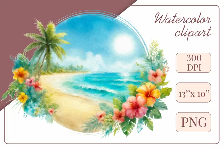 Summer Beach Watercolor, Clipart, Sublimation Design, Png