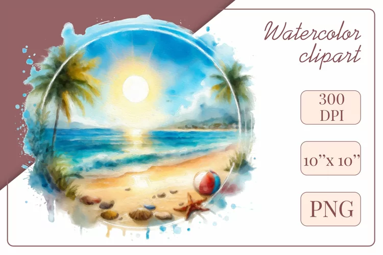 Summer Beach Watercolor, Clipart, Sublimation Design, Png
