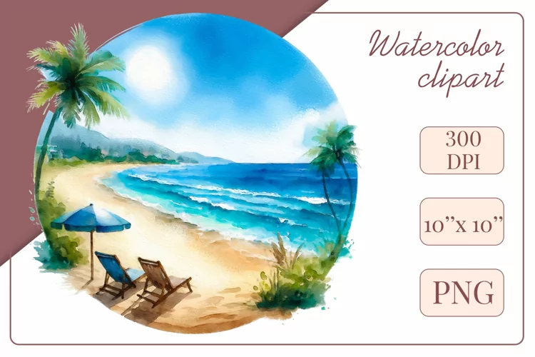 Summer Beach Watercolor, Clipart, Sublimation Design, Png