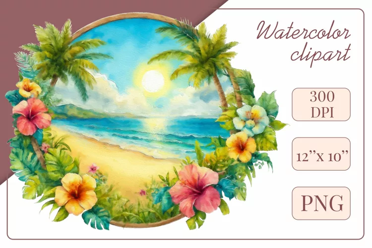 Summer Beach Watercolor, Clipart, Sublimation Design, Png