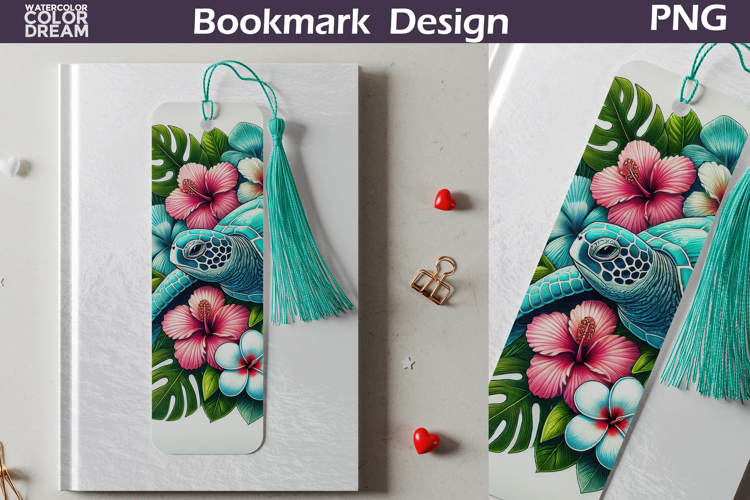 Sea Turtle Floral Bookmark Design | Tropical Reading Art