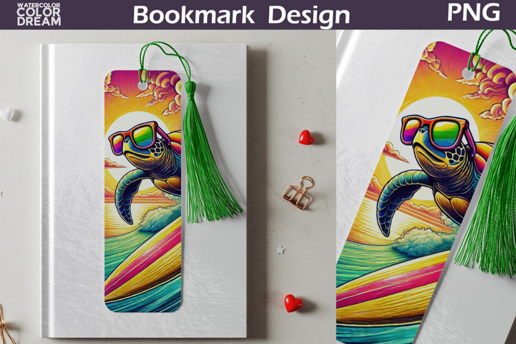 Surfing Sea Turtle Bookmark Design | Tropical Beach Reading
