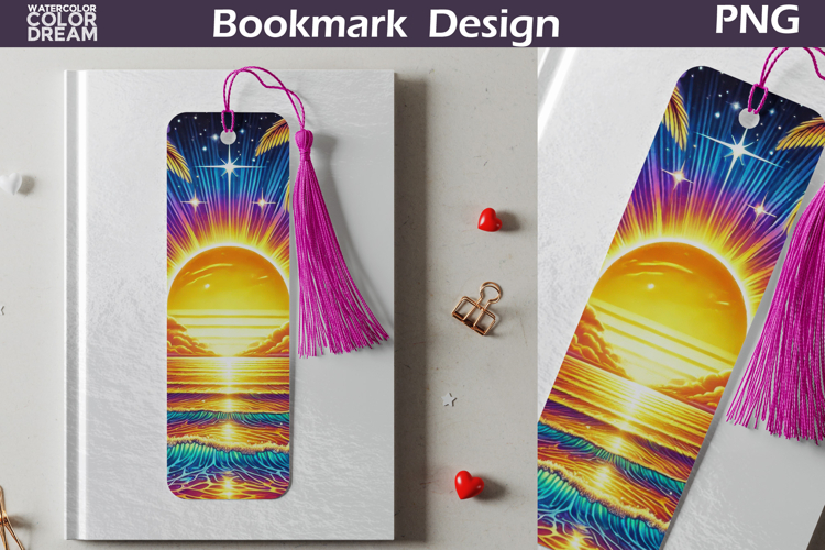 Ocean Sunset Bookmark Design | Tropical Beach Reading Art