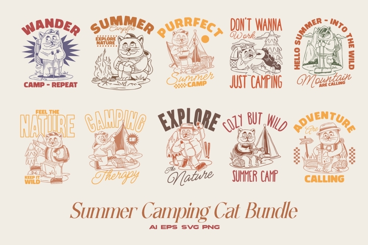 Vintage Summer Camping Cat T-shirt Design Bundle