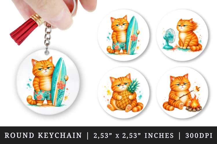 Summer Cat round keychain pintable sublimation design png
