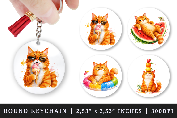 Summer Cat round keychain pintable sublimation design png