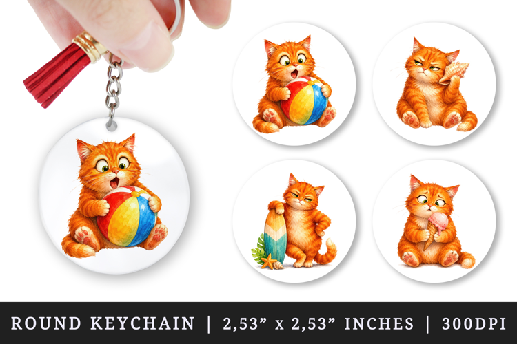 Summer Cat round keychain pintable sublimation design png