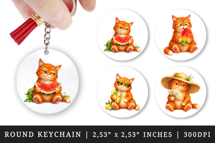 Summer Cat round keychain pintable sublimation design png