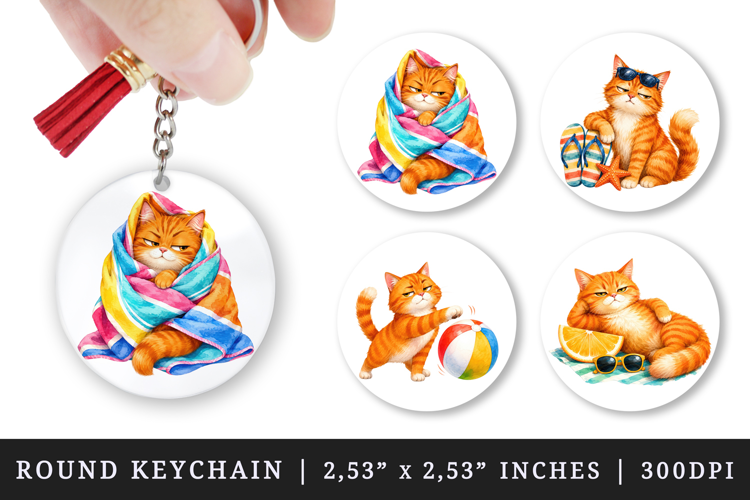 Summer Cat round keychain pintable sublimation design png