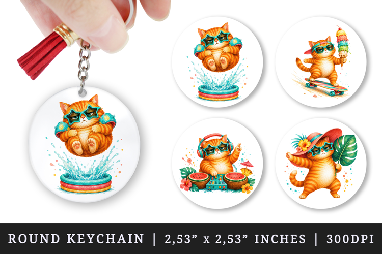 Summer Cat round keychain pintable sublimation design png