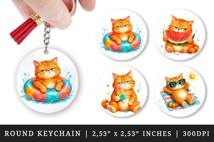 Summer Cat round keychain pintable sublimation design png