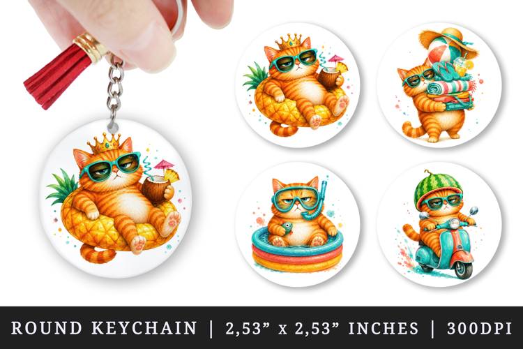 Summer Cat round keychain pintable sublimation design png