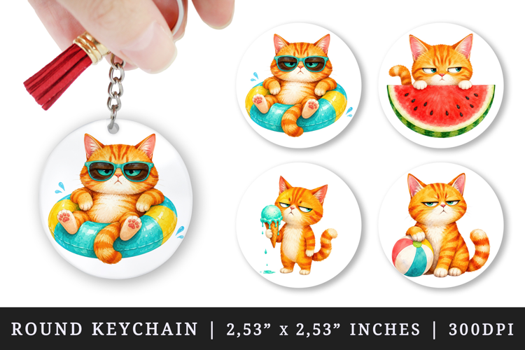 Summer Cat round keychain pintable sublimation design png